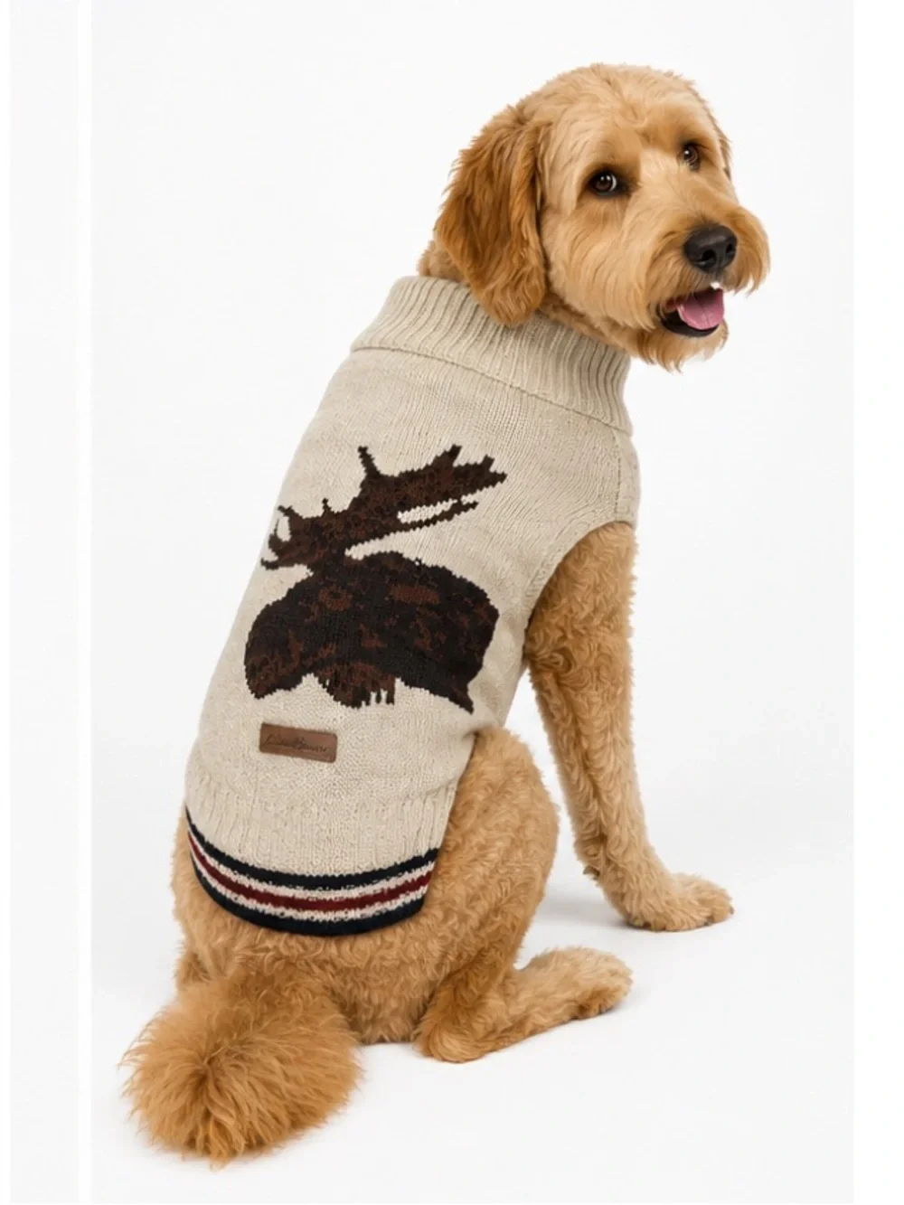 NEW - Eddie Bauer Pet Apparel Cozy Dog Sweater Beige & Brown Moose - Size Medium